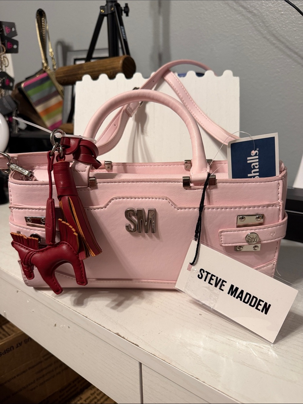 Steve Madden Blush Pink Mini Tote with Red Tassel Charm